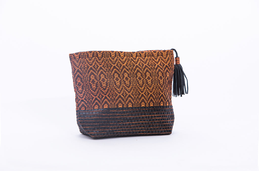 Bag plaited weave black and orange with black pompom small model