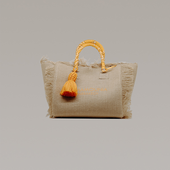 La Mamounia large model fringed tote bag in burlap