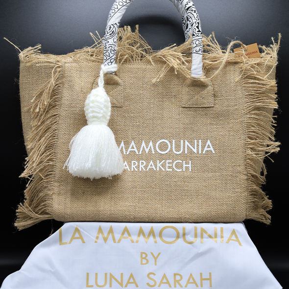 La Mamounia large model fringed tote bag in burlap