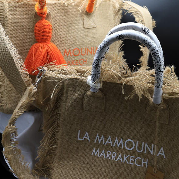 La Mamounia large model fringed tote bag in burlap