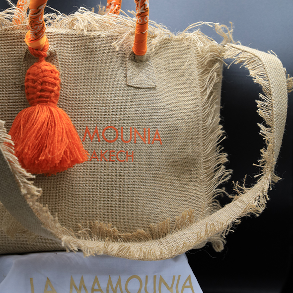 La Mamounia large model fringed tote bag in burlap